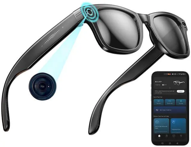 Main image of AI Smart Glasses with Camera, 8MP Stabilized 1200P HD Video Recording, UV400 Outdoor Sports Sunglasses with Open-Ear Bluetooth Audio & GPT Voice Assistant for Men Women Cycling Fishing Hiking 32G