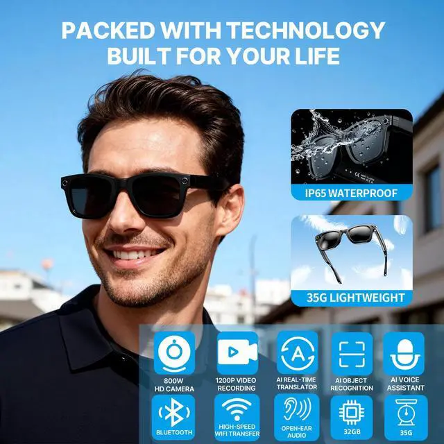 Alt view image 2 of 6 - AI Smart Glasses with Camera, 8MP Stabilized 1200P HD Video Recording, UV400 Outdoor Sports Sunglasses with Open-Ear Bluetooth Audio & GPT Voice Assistant for Men Women Cycling Fishing Hiking 32G