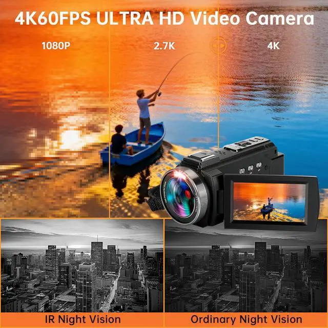 Alt view image 4 of 6 - Video Camera Camcorder 4K60FPS 48MP Vlogging Camera for YouTube 3.0" Touch Screen 16X Digital Zoom WiFi IR Night Vision with 2 Batteries External Stereo Microphone,Remote,Lens Hood,Handheld Stabilizer