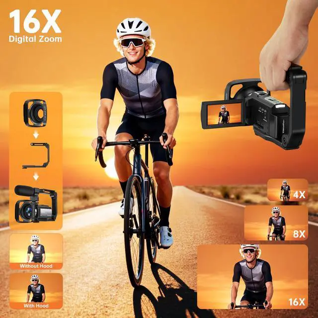 Alt view image 6 of 6 - Video Camera Camcorder 4K60FPS 48MP Vlogging Camera for YouTube 3.0" Touch Screen 16X Digital Zoom WiFi IR Night Vision with 2 Batteries External Stereo Microphone,Remote,Lens Hood,Handheld Stabilizer