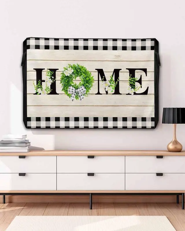 Main image of Retro Outdoor TV Cover for Outside Flat Screen,Home Text Wood Board 600D Thick Waterproof Weatherproof Outdoor TV Screen Protector with Zipper for 60 to 65 Inch Flat Screens Rustic Leaf Flower Plaid