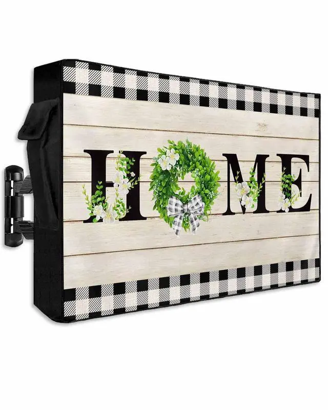 Alt view image 2 of 6 - Retro Outdoor TV Cover for Outside Flat Screen,Home Text Wood Board 600D Thick Waterproof Weatherproof Outdoor TV Screen Protector with Zipper for 60 to 65 Inch Flat Screens Rustic Leaf Flower Plaid