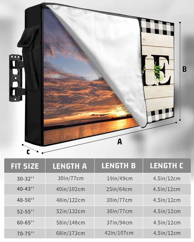 Alt view image 3 of 6 - Retro Outdoor TV Cover for Outside Flat Screen,Home Text Wood Board 600D Thick Waterproof Weatherproof Outdoor TV Screen Protector with Zipper for 60 to 65 Inch Flat Screens Rustic Leaf Flower Plaid