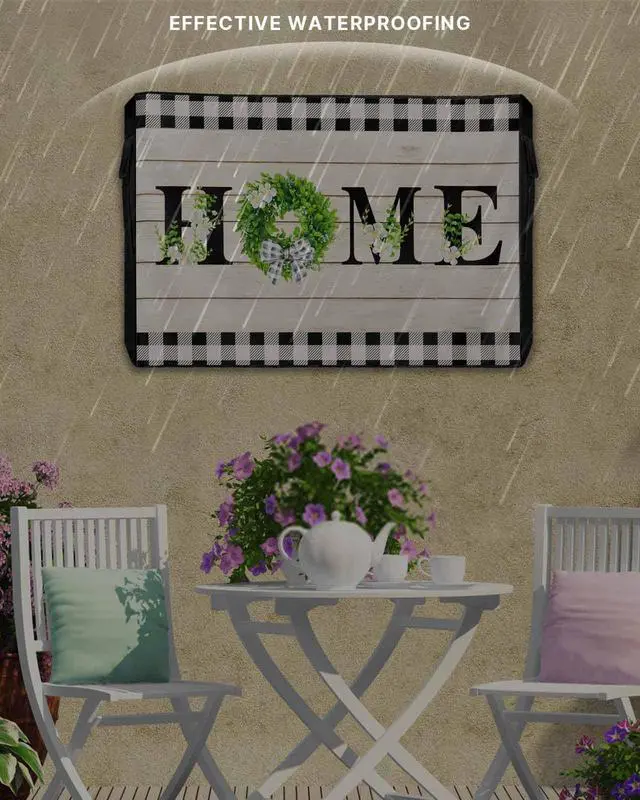 Alt view image 4 of 6 - Retro Outdoor TV Cover for Outside Flat Screen,Home Text Wood Board 600D Thick Waterproof Weatherproof Outdoor TV Screen Protector with Zipper for 60 to 65 Inch Flat Screens Rustic Leaf Flower Plaid