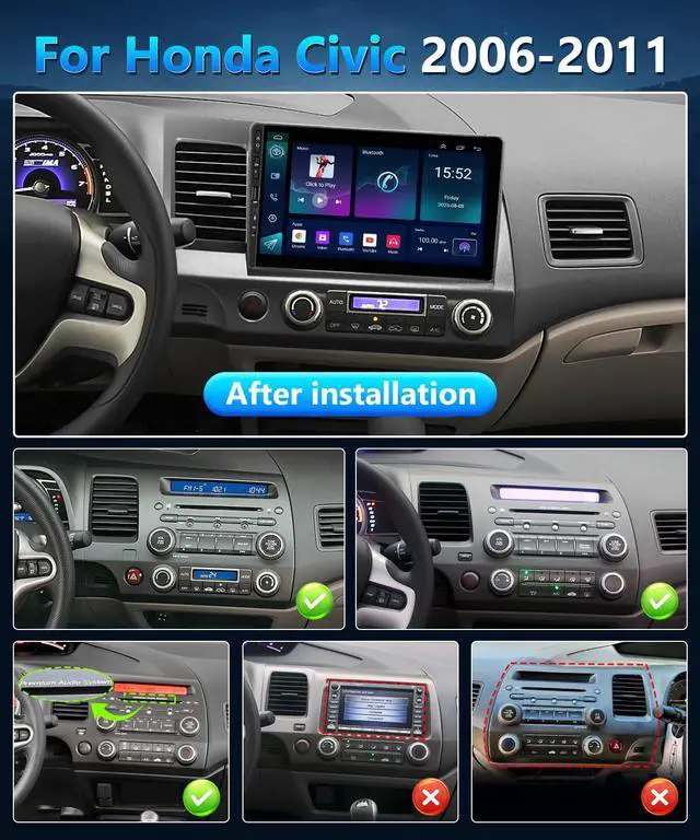 Alt view image 3 of 6 - 8Core 4+64G Stereo for Honda Civic 2006 to 2011 Radio CarPlay Android Auto, 10.1" Touch Screen for Civic 2009 Car Play,FM/RDS,DSP/EQ,BT,GPS Navi,5G WiFi,Mirrorlink,AHD Camera,MIC,Physical Button
