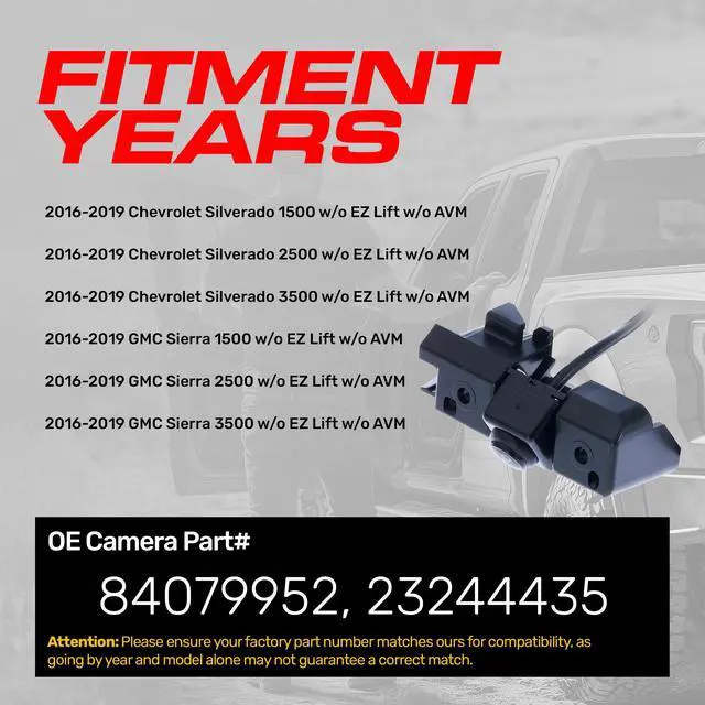 Alt view image 2 of 6 - Replacement for Chevrolet Silverado/GMC Sierra 1500, 2500, 3500, w/o EZ Lift, w/o AVM, w/o Remote Tailgate (2016-2019) Backup Camera OE Part # 84079952, 23244435