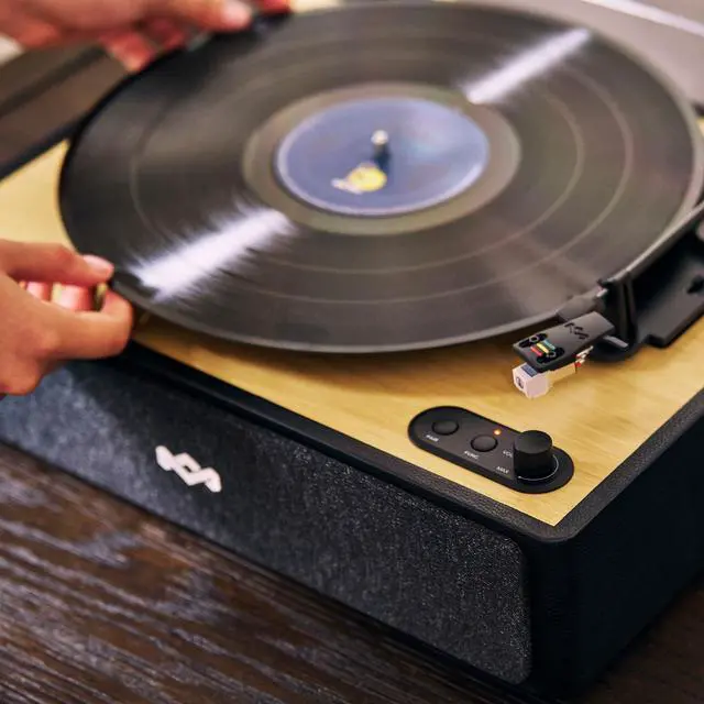 Alt view image 2 of 6 - House of Rise Up Bluetooth Turntable, Built-in Speakers, 2-Way Bluetooth, Audio Technica Stylus, Bamboo Finish, Recycled Felt Slipmat, Plug-and-Play with Dust Cover