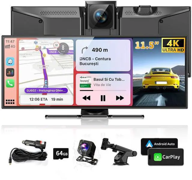 Main image of Largest 11.5" Portable Carplay Screen for Car, 4K Wireless Car Play & Android Auto, Upgrade Touchscreen with Dash Cam, App Control/Loop Recording/Backup Camera/Mirror Link/GPS/FM for All Vehicles