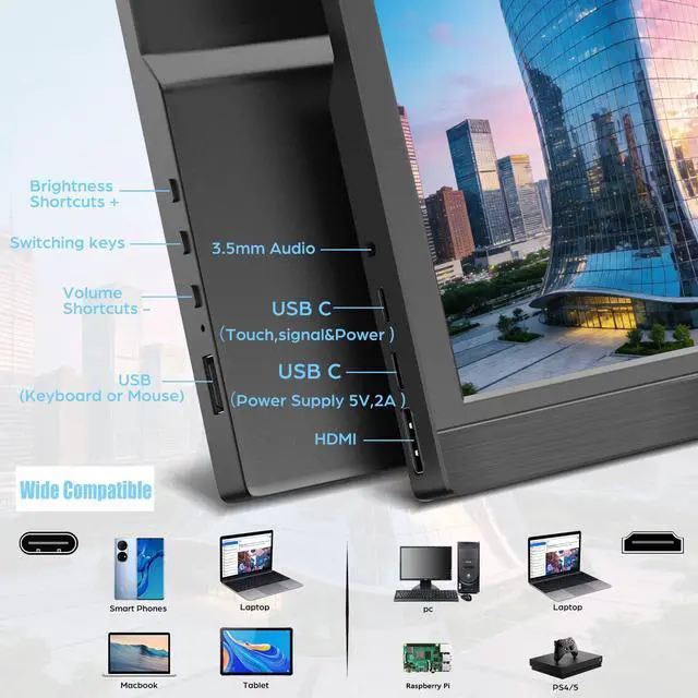 Alt view image 5 of 6 - Touchscreen Portable Monitor 11.6 Inch, HD 1366x768P LED External Display with USB C HDMI and Speakers & Stand, Travel Monitor Second Screen for Laptop Phone PC Mac Xbox PS4 Switch
