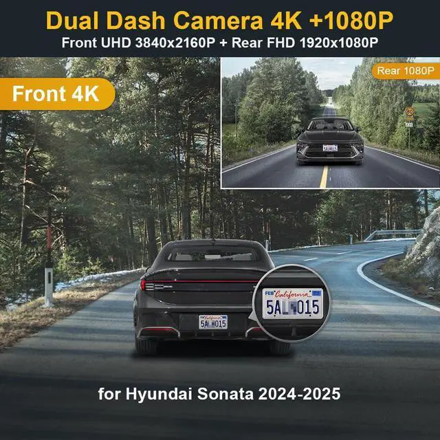 Alt view image 2 of 6 - Front 4K+Rear 1080P Dash Cam Adapts for Hyundai Sonata 2024 2025 & Hybrid (Part No#L1600), OEM Factory Style, Dual HD Video, WiFi & APP, Loop Recording, G-Sensor, Easy to Set, 128GB Card