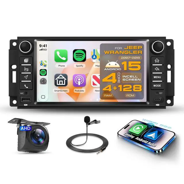 Main image of 4G+128G Car Radio Stereo for Jeep Wrangler 20072018 with DSP/Wireless Carplay/Android Auto, 7 inch in-Cell Touch Screen Wrangler Radio Bluetooth 5.0 FM/RDS Mirrorlink SWC Backup Camera