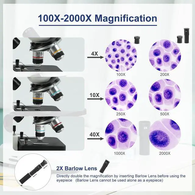 Alt view image 2 of 6 - Microscope for Adults Kids Students, 100X-2000X Microscopes, Metal-Body Dual LED Illumination, Biological Compound Monocular Microscope Kit for School Lab, Homeschool w/Phone Adapter