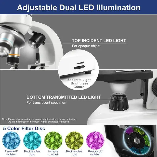 Alt view image 3 of 6 - Microscope for Adults Kids Students, 100X-2000X Microscopes, Metal-Body Dual LED Illumination, Biological Compound Monocular Microscope Kit for School Lab, Homeschool w/Phone Adapter