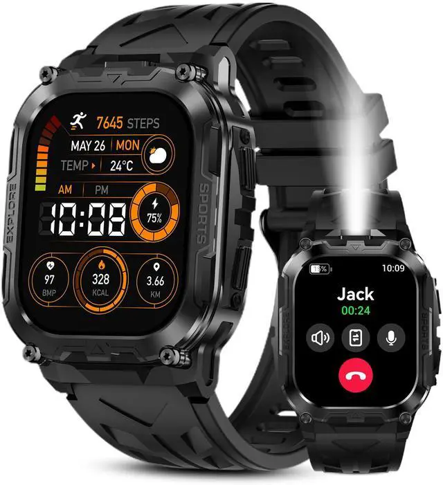 Main image of Smart Watch for Men, 130 Days Extra-Long Battery, 1.96" Full Metal Rugged Military Watch, 50M Waterproof, Flashlight, 24/7 Heart Rate Sleep Monitor, Answer/Dial Calls, for Android & iOS