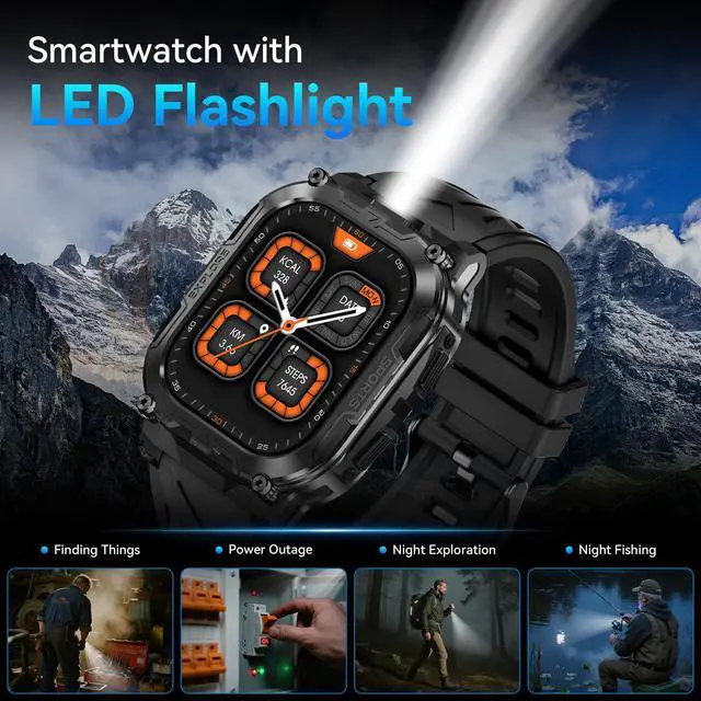Alt view image 3 of 6 - Smart Watch for Men, 130 Days Extra-Long Battery, 1.96" Full Metal Rugged Military Watch, 50M Waterproof, Flashlight, 24/7 Heart Rate Sleep Monitor, Answer/Dial Calls, for Android & iOS