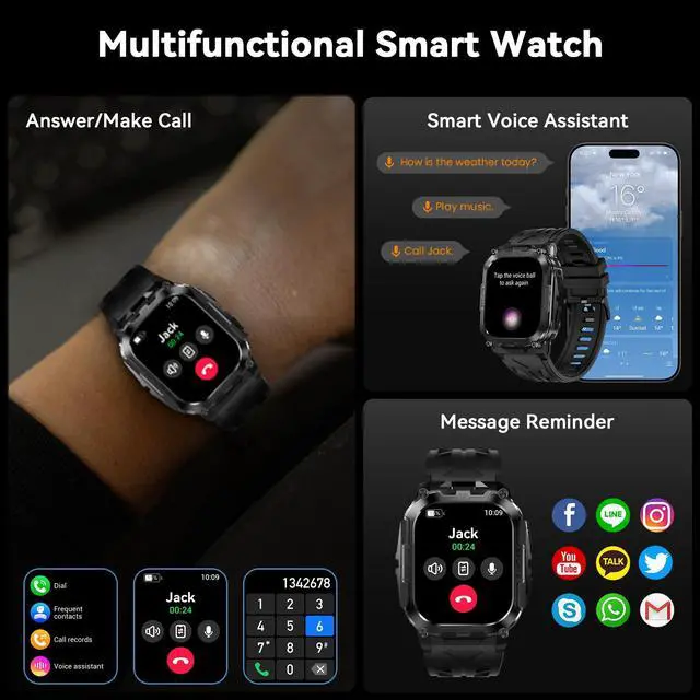 Alt view image 4 of 6 - Smart Watch for Men, 130 Days Extra-Long Battery, 1.96" Full Metal Rugged Military Watch, 50M Waterproof, Flashlight, 24/7 Heart Rate Sleep Monitor, Answer/Dial Calls, for Android & iOS
