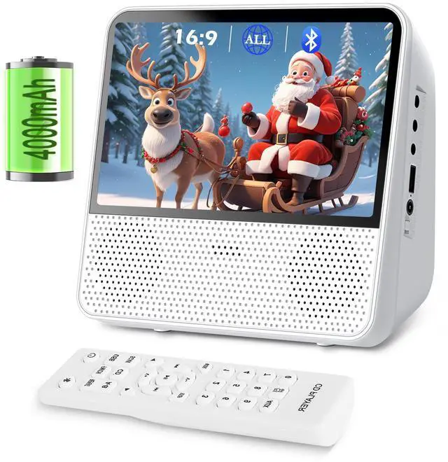 Main image of 9.8" Portable DVD Player with Bluetooth, 1024 x 600 Screen, Portable DVD Player with Screen, 4000mAh Rechargeable, HiFi Speakers, Timer/Remote/Sync TV, Support DVD/CD/Bluetooth/AUX/AV/USB