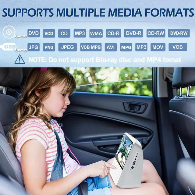 Alt view image 2 of 6 - 9.8" Portable DVD Player with Bluetooth, 1024 x 600 Screen, Portable DVD Player with Screen, 4000mAh Rechargeable, HiFi Speakers, Timer/Remote/Sync TV, Support DVD/CD/Bluetooth/AUX/AV/USB