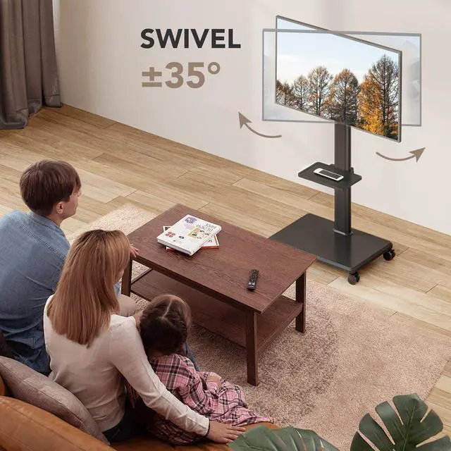 Alt view image 2 of 6 - Universal Floor TV Stand, Portable Rolling Floor TV Mount with Wheels, 80 Degree Swivel Height Adjustable for 27 to 65 Inch LCD LED OLED TVs, Holds up to 88 lbs Mobile TV Cart