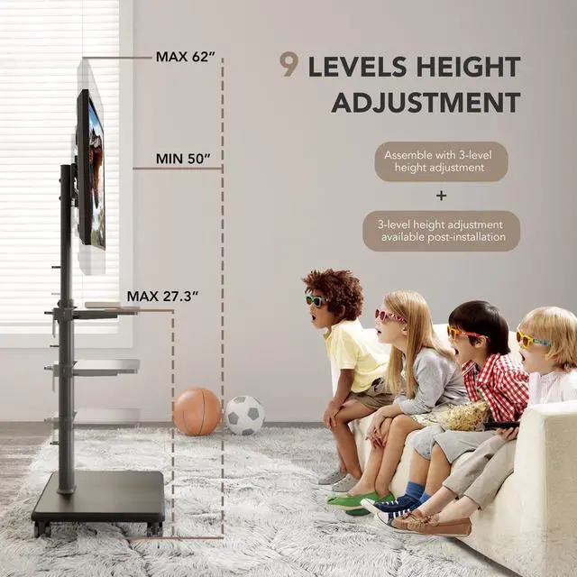 Alt view image 3 of 6 - Universal Floor TV Stand, Portable Rolling Floor TV Mount with Wheels, 80 Degree Swivel Height Adjustable for 27 to 65 Inch LCD LED OLED TVs, Holds up to 88 lbs Mobile TV Cart