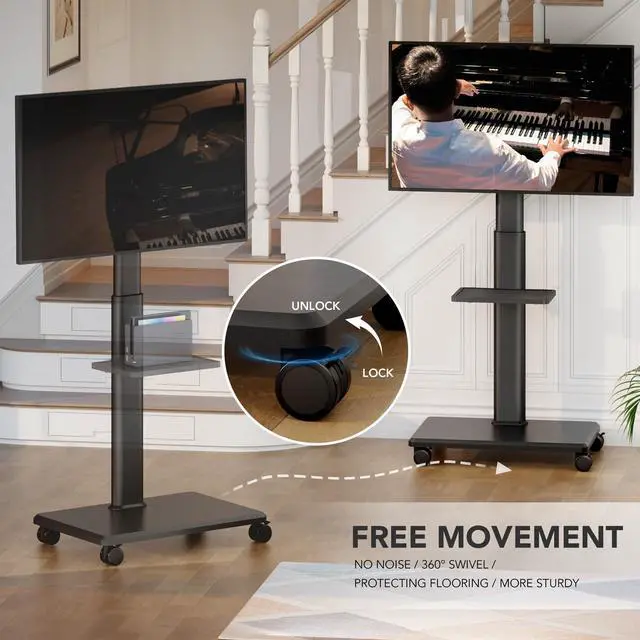Alt view image 4 of 6 - Universal Floor TV Stand, Portable Rolling Floor TV Mount with Wheels, 80 Degree Swivel Height Adjustable for 27 to 65 Inch LCD LED OLED TVs, Holds up to 88 lbs Mobile TV Cart