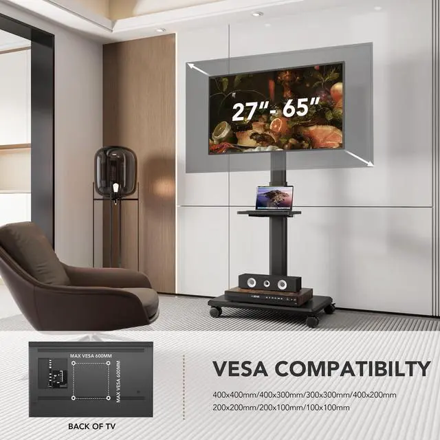 Alt view image 6 of 6 - Universal Floor TV Stand, Portable Rolling Floor TV Mount with Wheels, 80 Degree Swivel Height Adjustable for 27 to 65 Inch LCD LED OLED TVs, Holds up to 88 lbs Mobile TV Cart