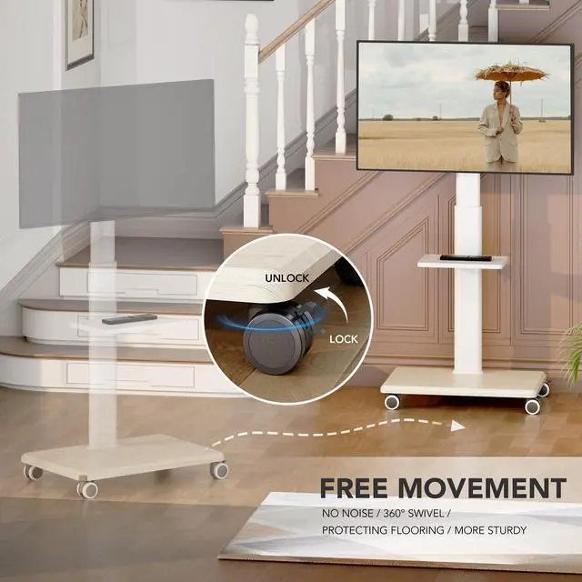 Alt view image 4 of 6 - Universal Floor TV Stand, Portable Rolling Floor TV Mount with Wheels, 80 Degree Swivel Height Adjustable for 27 to 65 Inch LCD LED OLED, Holds up to 88 lbs Mobile TV Cart, Max VESA 400x400mm