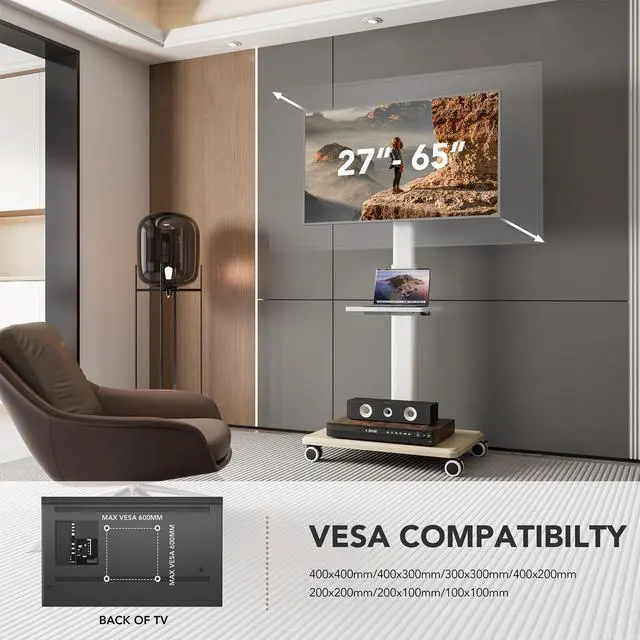 Alt view image 6 of 6 - Universal Floor TV Stand, Portable Rolling Floor TV Mount with Wheels, 80 Degree Swivel Height Adjustable for 27 to 65 Inch LCD LED OLED, Holds up to 88 lbs Mobile TV Cart, Max VESA 400x400mm