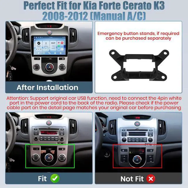 Alt view image 2 of 6 - 4+128G Radio for Kia Forte Cerato K3 2008-2012 (Manual A/C), 9" Touch Screen Bluetooth Radio with Wireless CarPlay/Android Auto, 5GHz WiFi, Bluetooth 5.0, EQ, GPS Navigation, 1280 * 720, Backup Camera