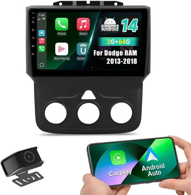 Main image of Car Stereo Radio for Dodge RAM 1500, 2500, 3500 (20132018) | Android 14 Head Unit 2G/64G | 9" Touch Screen | Wireless CarPlay/Android Auto | Bluetooth | WiFi | Backup Camera | Manual AC Model Only