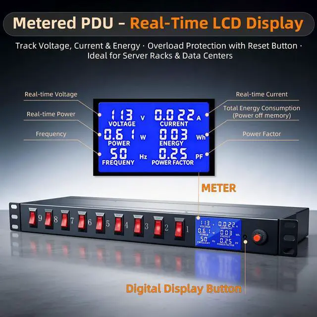Alt view image 2 of 6 - 9 Outlet Rack Mount Power Strip with Individual Switches, PDU Surge Protector 15A 125V 1875W, 1U Server Rack Power Distribution Unit with Overload Protection and Power Monitoring, 6.5FT Cord