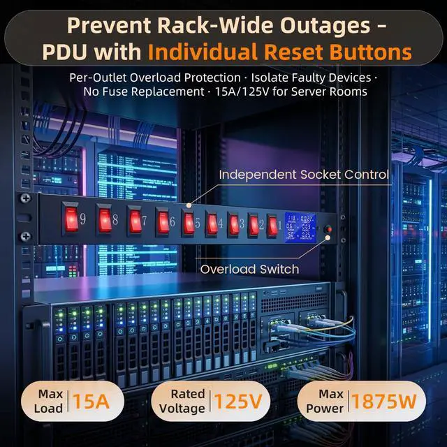 Alt view image 3 of 6 - 9 Outlet Rack Mount Power Strip with Individual Switches, PDU Surge Protector 15A 125V 1875W, 1U Server Rack Power Distribution Unit with Overload Protection and Power Monitoring, 6.5FT Cord