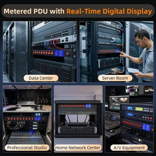 Alt view image 5 of 6 - 9 Outlet Rack Mount Power Strip with Individual Switches, PDU Surge Protector 15A 125V 1875W, 1U Server Rack Power Distribution Unit with Overload Protection and Power Monitoring, 6.5FT Cord