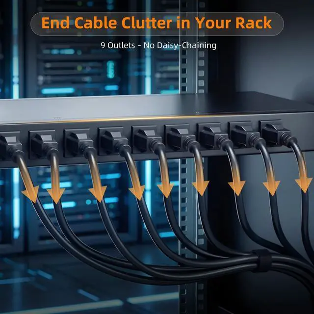 Alt view image 6 of 6 - 9 Outlet Rack Mount Power Strip with Individual Switches, PDU Surge Protector 15A 125V 1875W, 1U Server Rack Power Distribution Unit with Overload Protection and Power Monitoring, 6.5FT Cord
