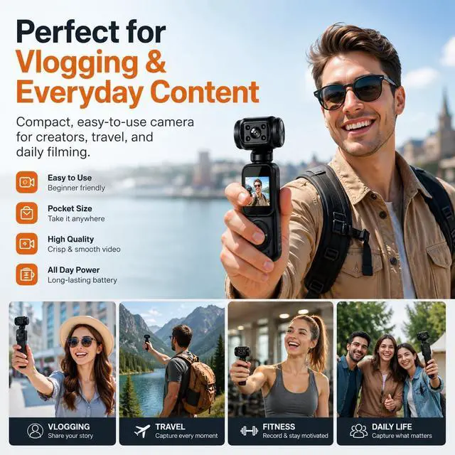 Alt view image 2 of 6 - Mini 4K Pocket Camera with LCD Screen, Portable Video Camera with WiFi, Face Tracking, 270° Rotation, 64GB SD Card Included