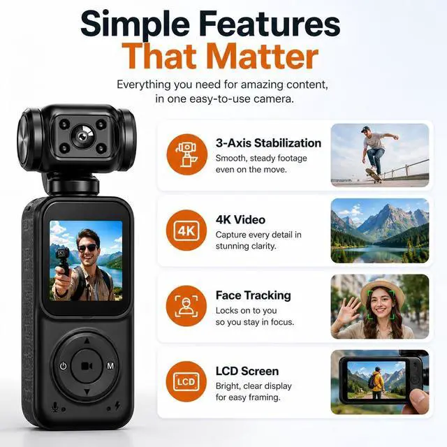 Alt view image 3 of 6 - Mini 4K Pocket Camera with LCD Screen, Portable Video Camera with WiFi, Face Tracking, 270° Rotation, 64GB SD Card Included