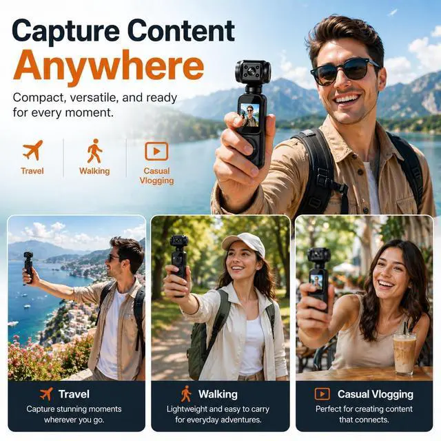 Alt view image 4 of 6 - Mini 4K Pocket Camera with LCD Screen, Portable Video Camera with WiFi, Face Tracking, 270° Rotation, 64GB SD Card Included