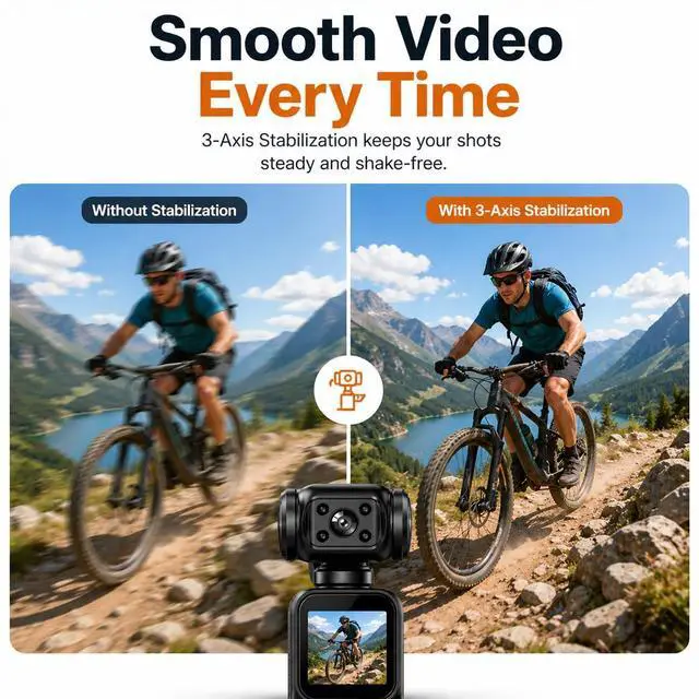 Alt view image 5 of 6 - Mini 4K Pocket Camera with LCD Screen, Portable Video Camera with WiFi, Face Tracking, 270° Rotation, 64GB SD Card Included