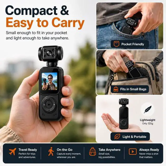 Alt view image 6 of 6 - Mini 4K Pocket Camera with LCD Screen, Portable Video Camera with WiFi, Face Tracking, 270° Rotation, 64GB SD Card Included