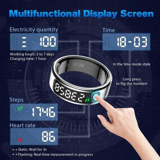 Alt view image 4 of 6 - Smart Ring Health Tracker for Men/Women with LED Dispay Screen,Fitness Ring Sleep Tracker,Fast Charging,for Pedometer Exercise,Monitor Sleep,Heart Rate, Stress,Waterproof (Silver,9)