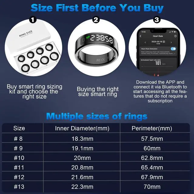 Alt view image 3 of 6 - Smart Ring Health Tracker for Men/Women with LED Dispay Screen,Fitness Ring Sleep Tracker,Fast Charging,for Pedometer Exercise,Monitor Sleep,Heart Rate, Stress,Waterproof (Black,13)