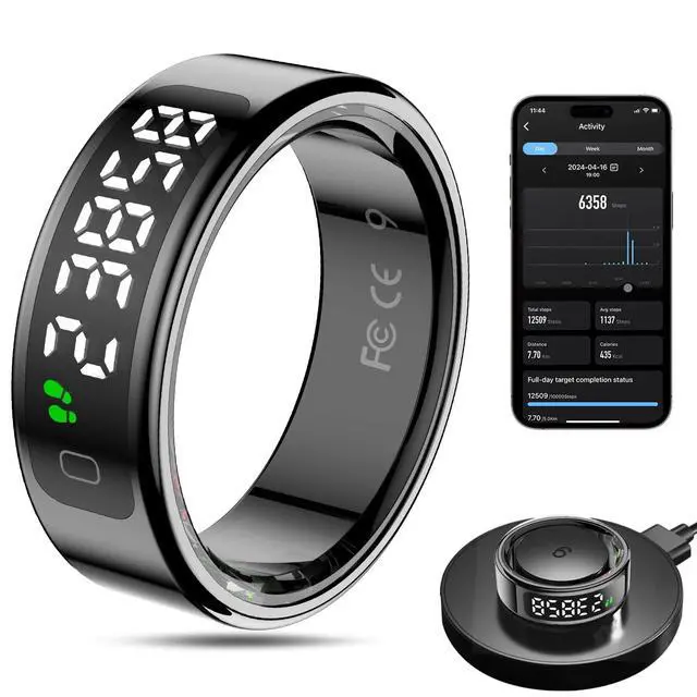 Main image of Smart Ring Health Tracker for Men/Women with LED Dispay Screen,Fitness Ring Sleep Tracker,Fast Charging,for Pedometer Exercise,Monitor Sleep,Heart Rate, Stress,Waterproof (Black,11)