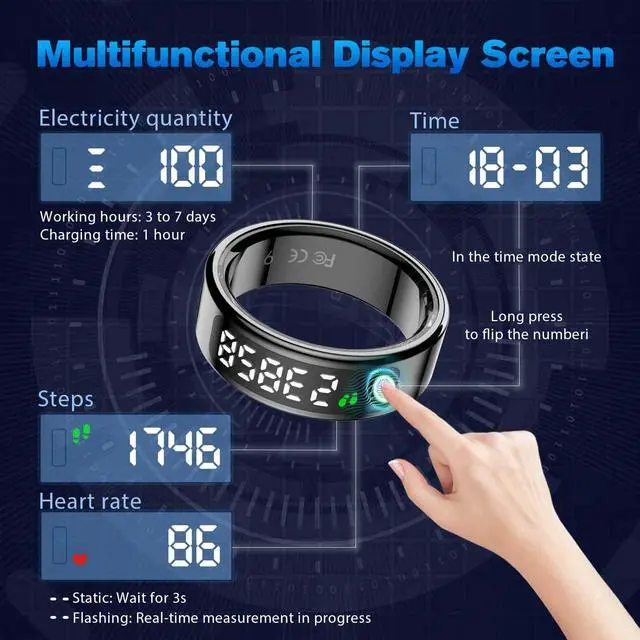 Alt view image 4 of 6 - Smart Ring Health Tracker for Men/Women with LED Dispay Screen,Fitness Ring Sleep Tracker,Fast Charging,for Pedometer Exercise,Monitor Sleep,Heart Rate, Stress,Waterproof (Black,11)
