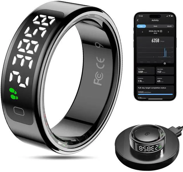 Main image of Smart Ring Health Tracker for Men/Women with LED Dispay Screen,Fitness Ring Sleep Tracker,Fast Charging,for Pedometer Exercise,Monitor Sleep,Heart Rate, Stress,Waterproof (Black,9)