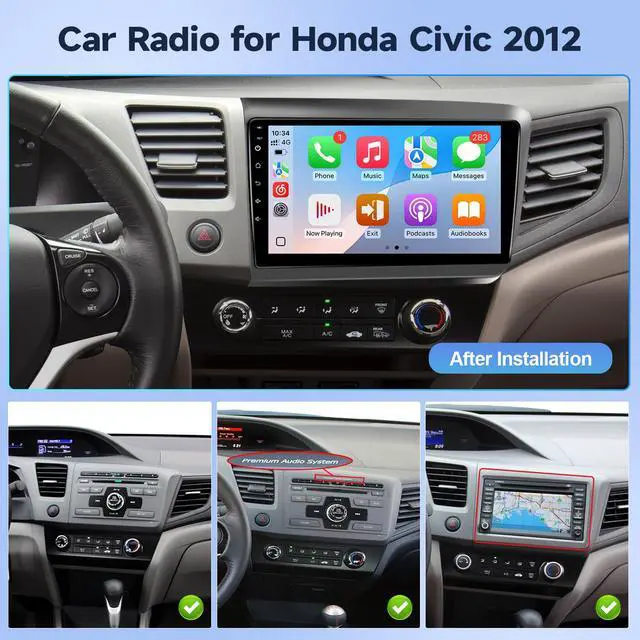 Alt view image 2 of 6 - Android 13 Car Radio for Honda Civic 2012 Stereo Replacement with 9'' Touchscreen Carplay Android Auto in-Dash GPS Navigation Bluetooth WiFi SWC Backup Camera MIC (4+64G)