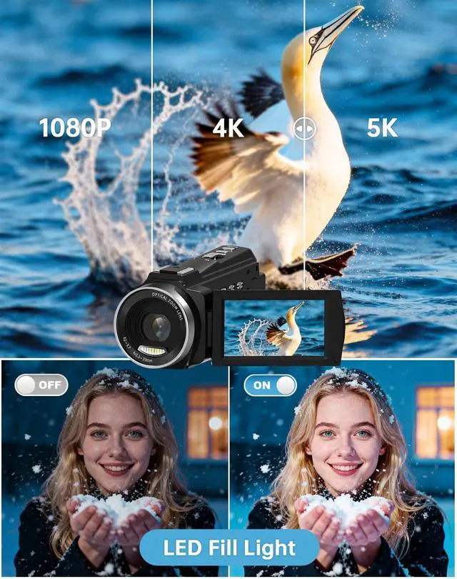 Alt view image 4 of 6 - 5K Video Camera Camcorder 48MP UHD WiFi Vlogging Camera for YouTube,10X Optical Zoom 3.0'' IPS Touch Screen Anti-Shake Digital Camera with LED Fill Light,64GB Card,Mic,Stabilizer,Remote,2 Batteries