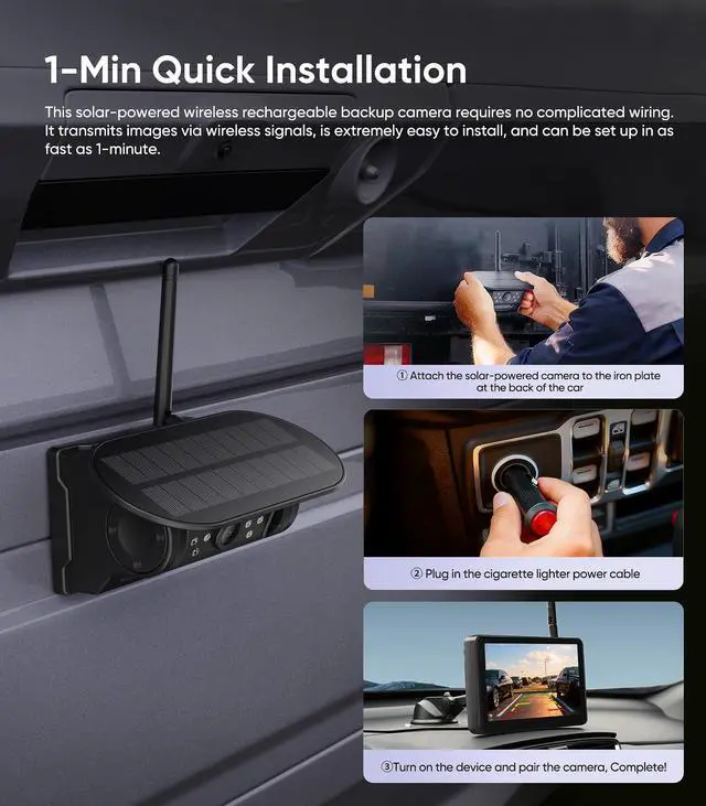 Alt view image 5 of 6 - 7" Portable 1080P Solar Wireless Backup Camera Car Dash Cam,1 Min No Wiring Easy Install Rechargeable Magnetic Back up Camera for Truck/Trailer/Small RV/Camper (Single Camera)