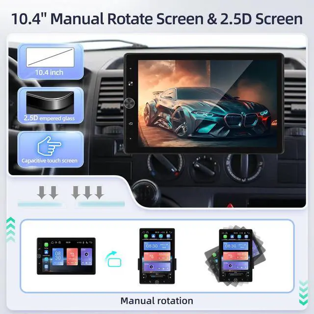 Alt view image 6 of 6 - Single Din Vertical Car Stereo Rotatable 10.4 inch Touch Screen Radio with Wireless Carplay/Android Auto/EQ Audio/Bluetooth/SWC/GPS Navigation/FM Radio +Backup Camera