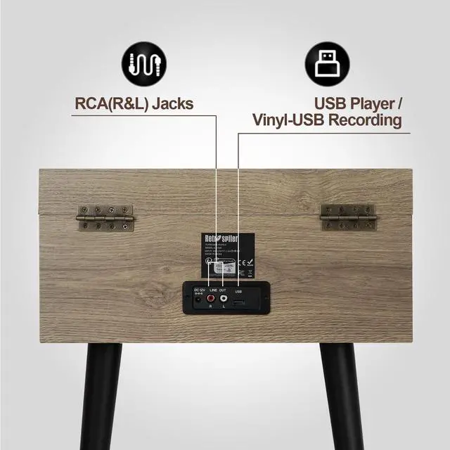 Alt view image 6 of 6 - 3-Speed Record Player, Bluetooth Turntable with Built-in Speakers and Detachable Legs,USB Playback& Vinyl-USB Recorder, Oatmeal
