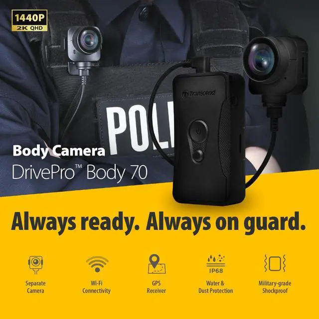 Alt view image 2 of 6 - 64GB, DrivePro Body 70, Body Camera, Wi-FI & Bluetooth, GPS, IP68 Weatherproof, 1440P 2K QHD, 9-Hour Battery Life, Tethered Camera, Ideal for Law Enforcement & Security - TS64GDPB70A